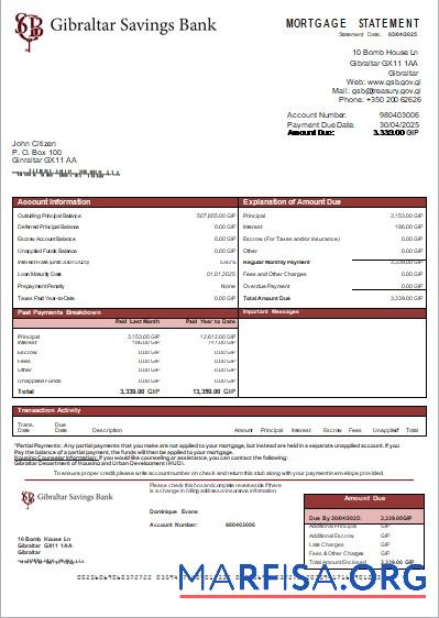 Gibraltar Savings Bank Hypothek Kontoauszug scr Probe