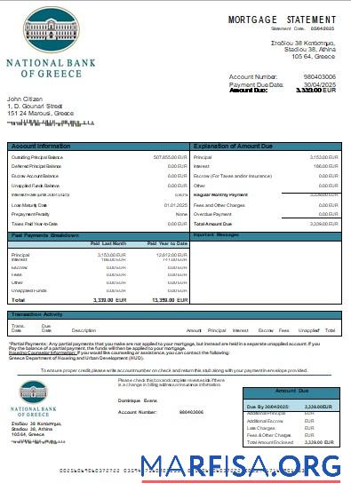 Griechenland National Bank of Griechenland Bank Hypothek Kontoauszug scr Vorlage
