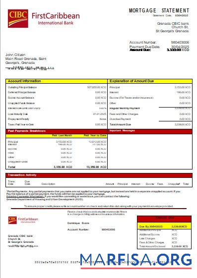 Grenada CBIC Bank Bank Hypothek Kontoauszug scr Mockup