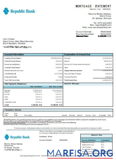 Grenada Republic Bank Hypothek Kontoauszug scr Probe