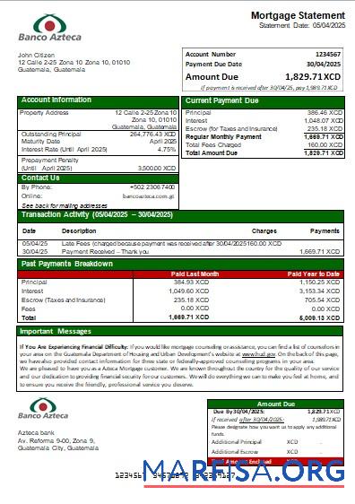 Guatemala Azteca Bank Hypothek Kontoauszug scr Vorlage