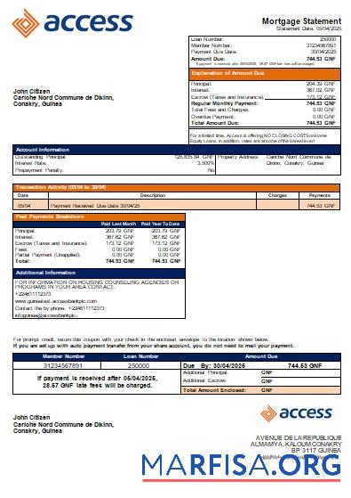Guinea Access Bank Bank Hypothek Kontoauszug scr Probe