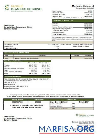 Guinea Banque Islamique de Guine╠üe Bank Hypothek Kontoauszug scr Vorschau
