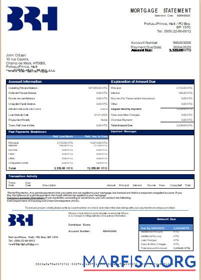 Haiti BRH Bank Hypothek Kontoauszug scr Design
