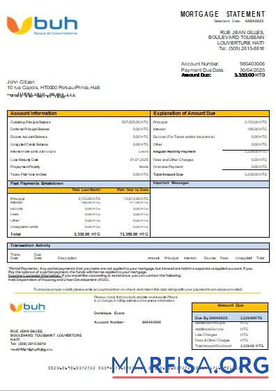 Haiti BUH Bank Hypothek Kontoauszug scr Probe
