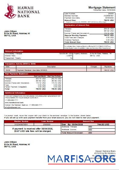 Hawaii Hawaii National Bank Bank Hypothek Kontoauszug scr Vorschau