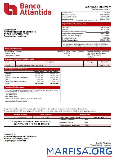 Honduras Banco Atlantida Bank Bank Hypothek Kontoauszug scr Design