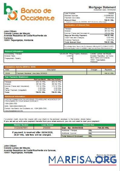 Honduras Banco de Occidente Bank Hypothek Kontoauszug scr Probe