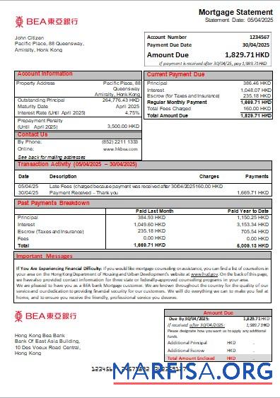 Hongkong BEA Bank Hypothek Kontoauszug scr Mockup