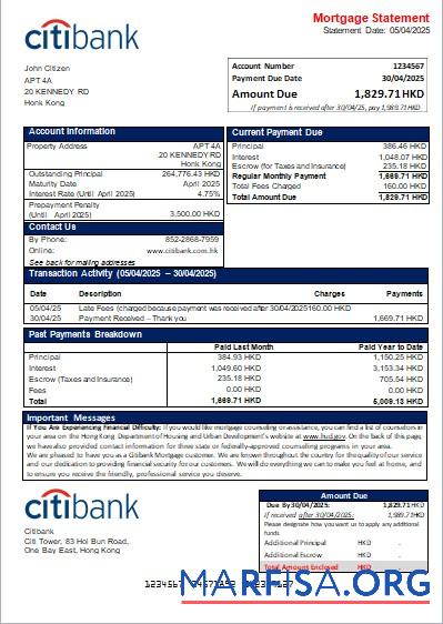 Hongkong Citibank Bank Hypothek Kontoauszug scr Design