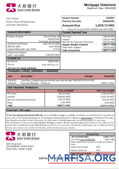Hongkong DAH Sing Bank Hypothek Kontoauszug scr Probe