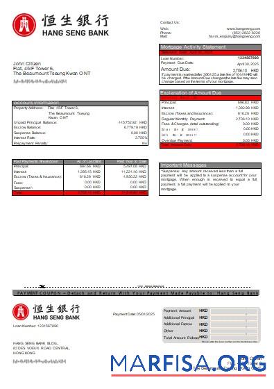 Hongkong Hang Seng Bank Hypothek Kontoauszug scr Vorschau