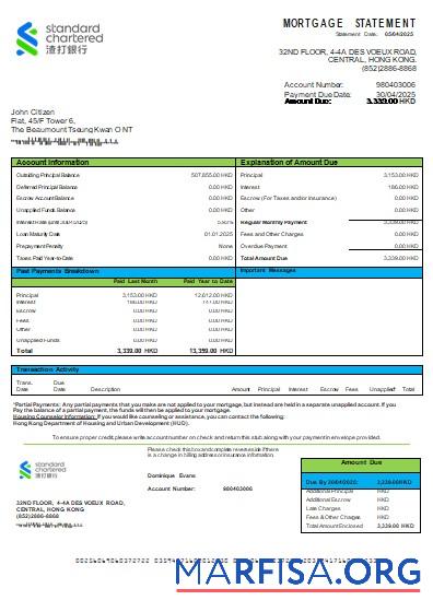 Hongkong Standard Chartered Bank Bank Hypothek Kontoauszug scr Design
