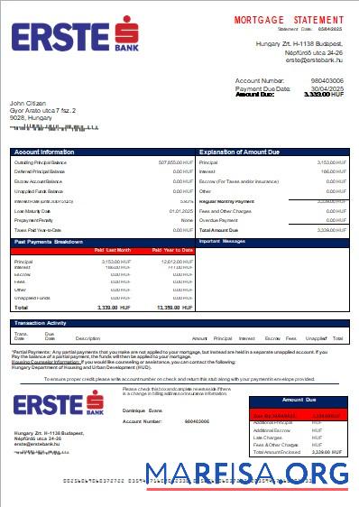 Ungarn Erste Bank Hypothek Kontoauszug scr Probe