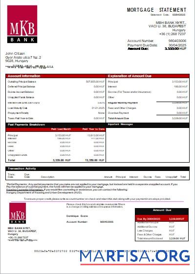 Ungarn MKB Bank Bank Hypothek Kontoauszug scr Vorlage