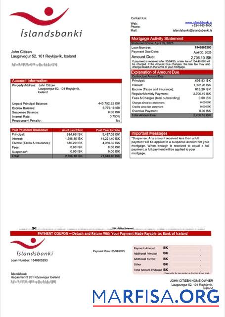 Professionell Island Bank of Island (I╠üslandsbanki) Hypothek Kontoauszug Word and PDF Vorlage