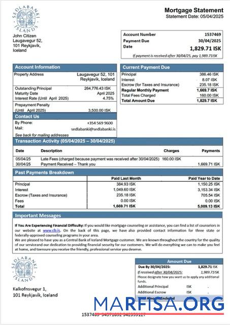 Professionell Island Central Bank of Island Hypothek Kontoauszug Word and PDF Vorlage