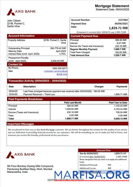 Premium Indien Axis Bank Hypothek Kontoauszug Word and PDF Vorlage