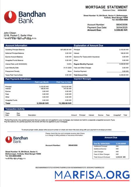 Bearbeitbar Indien Bandhan Bank Hypothek Kontoauszug Word and PDF Vorlage