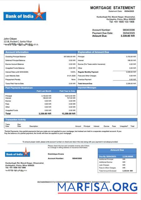 Professionell Indien Bank of Indien Hypothek Kontoauszug Word and PDF Vorlage