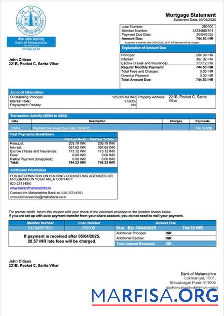 Realistisch Indien Bank of Maharashtra Hypothek Kontoauszug Word and PDF Vorlage