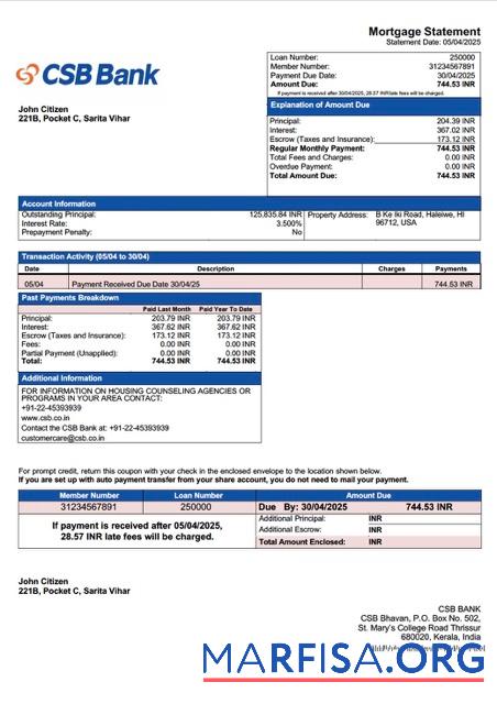Bearbeitbar Indien CSB Bank Hypothek Kontoauszug Word and PDF Vorlage