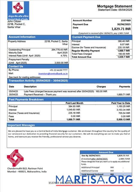 Professionell Indien Central Bank of Indien Hypothek Kontoauszug Word and PDF Vorlage