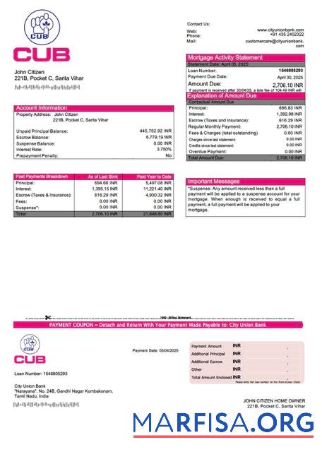 Premium Indien City Union Bank Hypothek Kontoauszug Word and PDF Vorlage