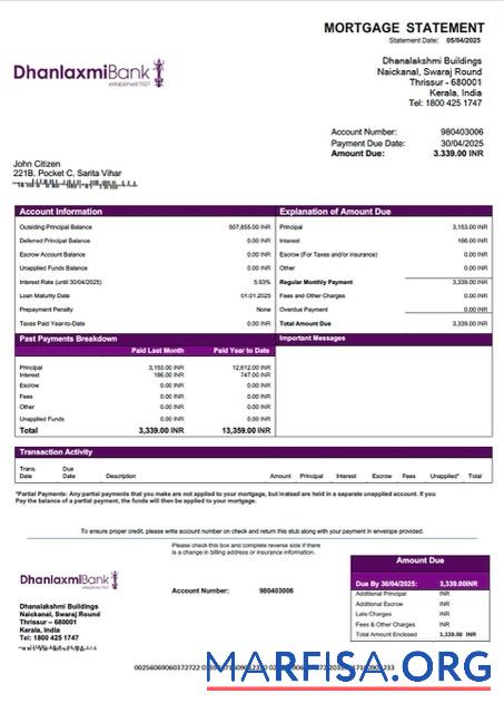 Professionell Indien Dhanlaxmi Bank Hypothek Kontoauszug Word and PDF Vorlage