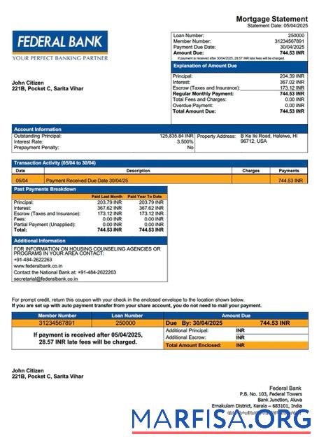 Hohe Qualität Indien Federal Bank Hypothek Kontoauszug Word and PDF Vorlage