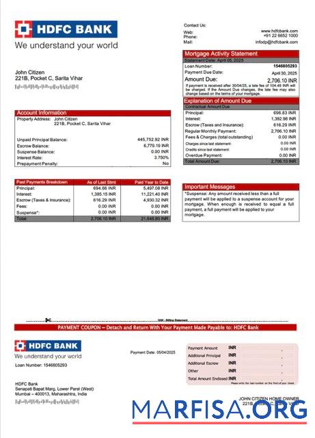 Professionell Indien HDFC Bank Hypothek Kontoauszug Word and PDF Vorlage