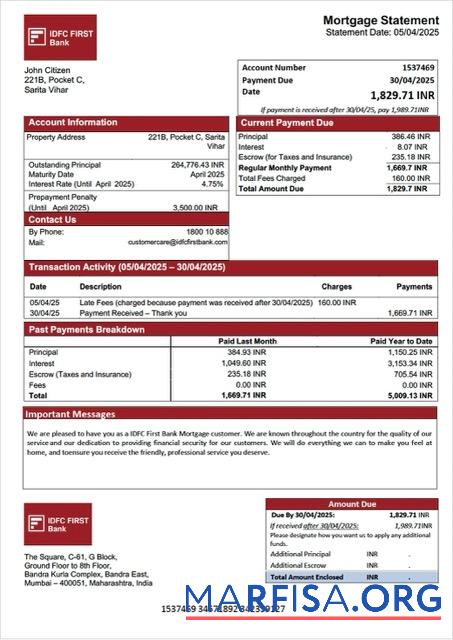 Premium Indien IDFC First Bank Hypothek Kontoauszug Word and PDF Vorlage
