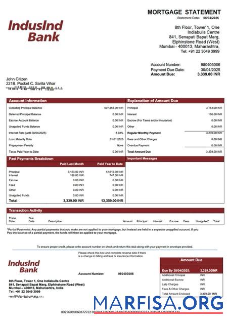 Bearbeitbar Indien IndusInd Bank Hypothek Kontoauszug Word and PDF Vorlage
