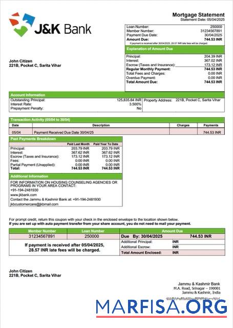Hohe Qualität Indien Jammu & Kashmir Bank Hypothek Kontoauszug Word and PDF Vorlage