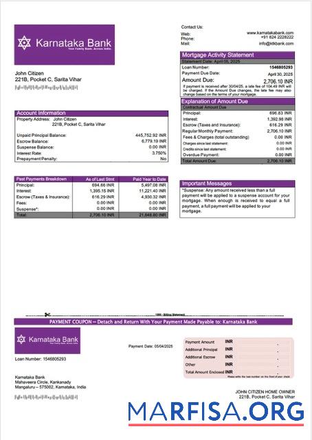Hohe Qualität Indien Karnataka Bank Hypothek Kontoauszug Word and PDF Vorlage