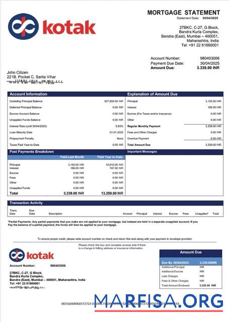 Hohe Qualität Indien Kotak Mahindra Bank Hypothek Kontoauszug Word and PDF Vorlage