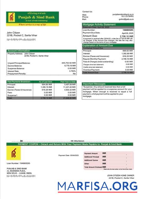 Premium Indien Punjab & Sind Bank┬áHypothek Kontoauszug Word and PDF Vorlage
