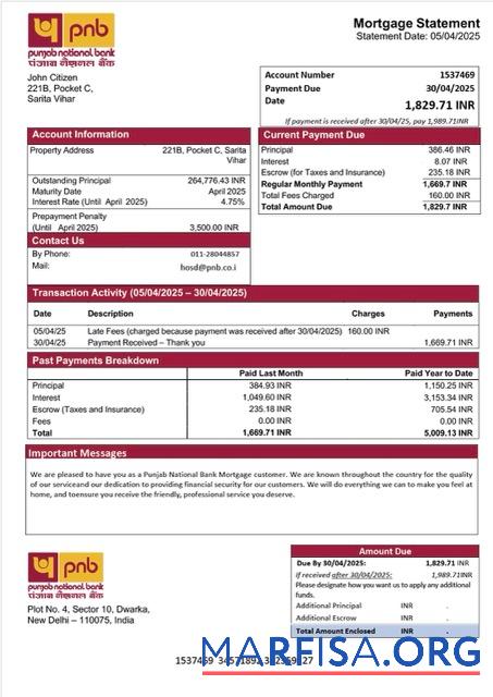 Hohe Qualität Indien Punjab National Bank Hypothek Kontoauszug Word and PDF Vorlage