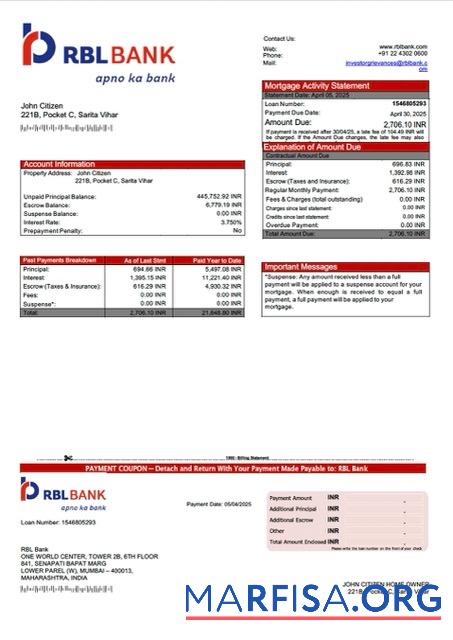 Professionell Indien RBL Bank Hypothek Kontoauszug Word and PDF Vorlage
