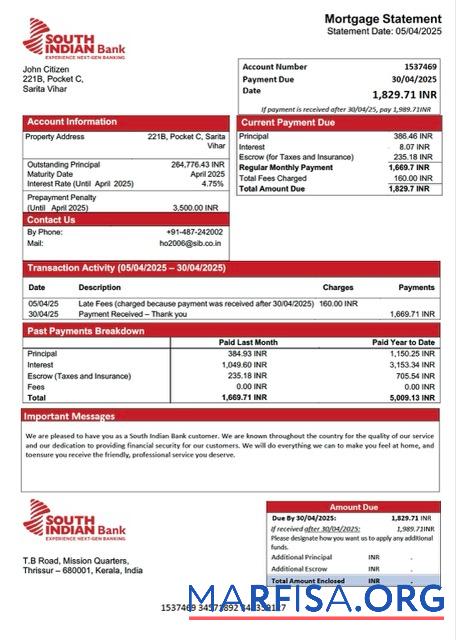 Premium Indien South Indian Bank Hypothek Kontoauszug Word and PDF Vorlage