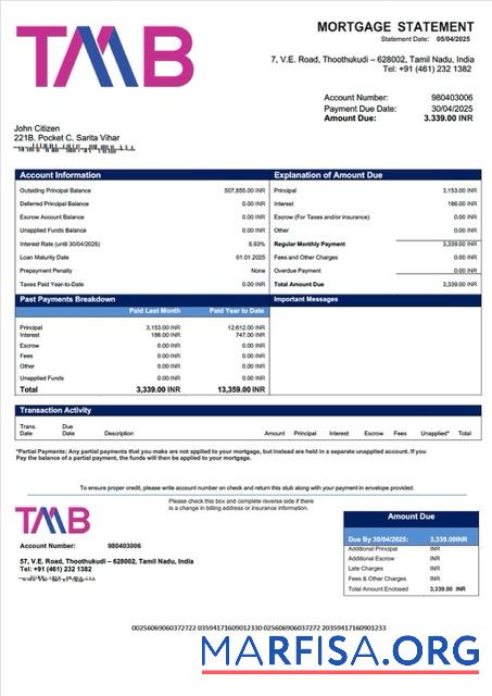 Realistisch Indien Tamilnad Mercantile Bank Hypothek Kontoauszug Word and PDF Vorlage