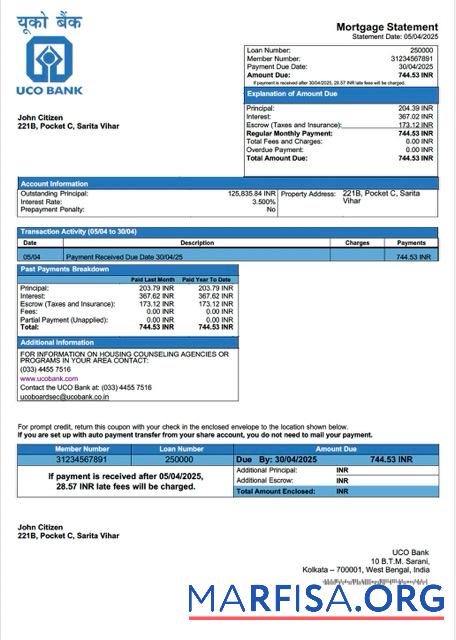 Realistisch Indien UCO Bank Hypothek Kontoauszug Word and PDF Vorlage