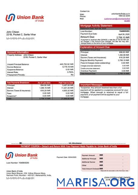 Realistisch Indien Union Bank of Indien Hypothek Kontoauszug Word and PDF Vorlage