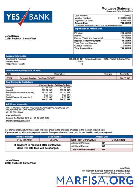 Premium Indien Yes Bank Hypothek Kontoauszug Word and PDF Vorlage