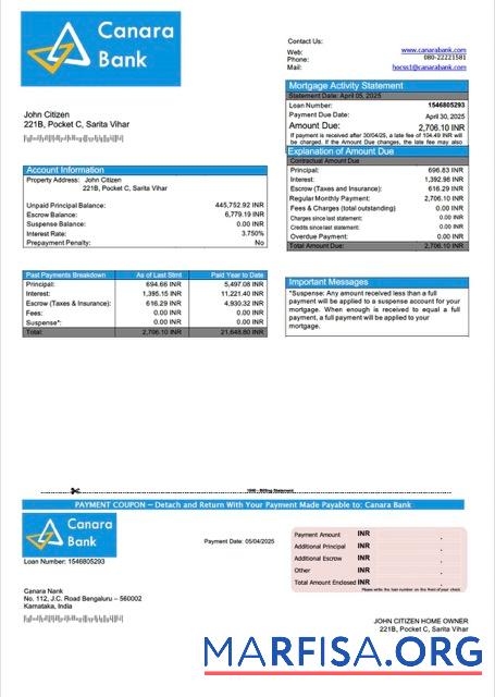 Bearbeitbar Indien┬áCanara Bank Hypothek Kontoauszug Word and PDF Vorlage