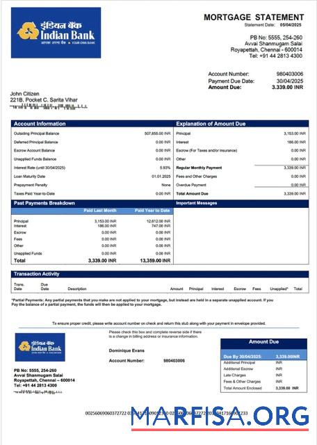 Premium Indian Bank Hypothek Kontoauszug Word and PDF Vorlage