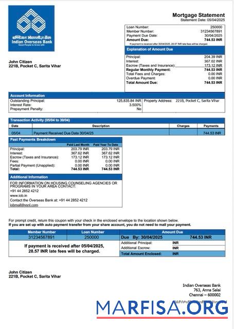 Bearbeitbar Indian Overseas Bank Hypothek Kontoauszug Word and PDF Vorlage