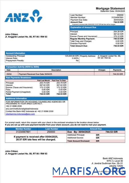 Hohe Qualität Indonesien Bank ANZ Indonesien┬áHypothek Kontoauszug Word and PDF Vorlage