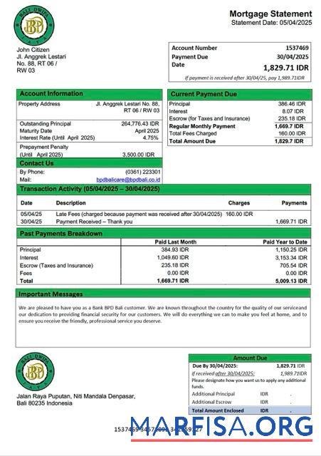 Bearbeitbar Indonesien Bank BPD Bali Hypothek Kontoauszug Word and PDF Vorlage