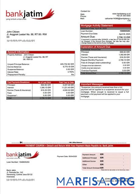 Bearbeitbar Indonesien Bank Jatim Hypothek Kontoauszug Word and PDF Vorlage